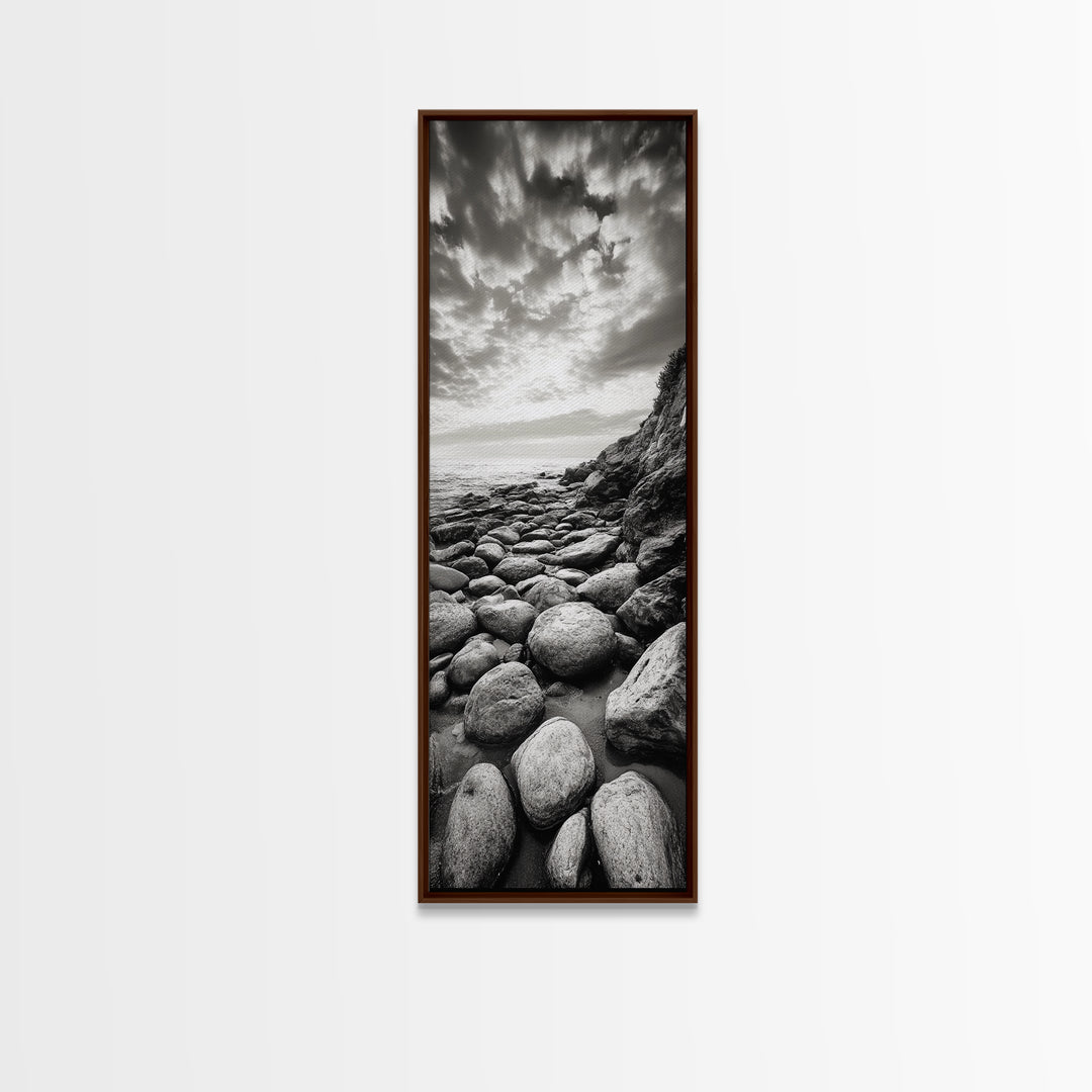 Coastal Stones, Rocky Shore, Sunrise Ocean, Black White Print, Framed Canvas Print Beach House Decor, Entryway Art, Nautical Minimalist Wall Art