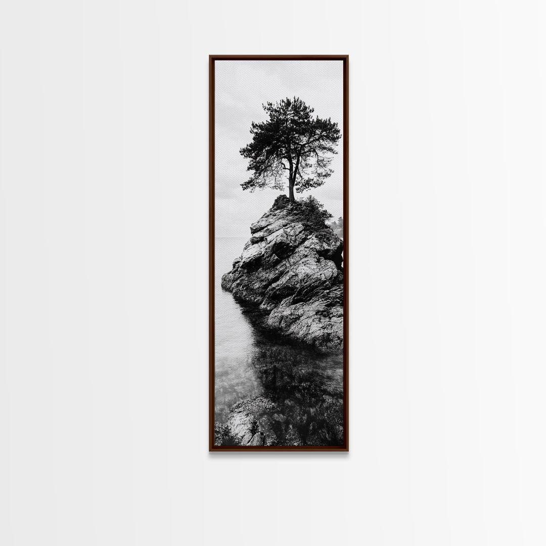 Lone Tree, Rock Island, Tranquil Coast, Nature Strength, Framed Canvas Print Cabin Wall Art, Minimalist Tree Print, Nordic Nature Living Room Decor