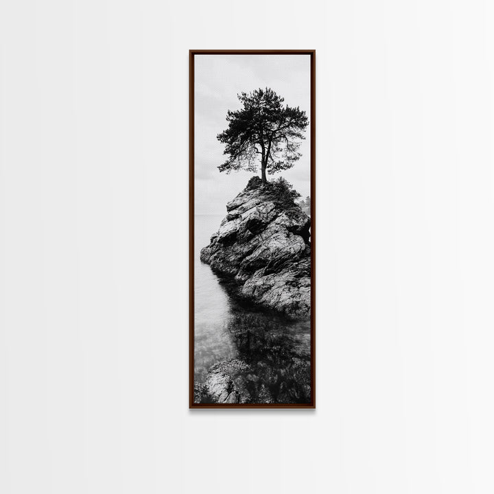 Lone Tree, Rock Island, Tranquil Coast, Nature Strength, Framed Canvas Print Cabin Wall Art, Minimalist Tree Print, Nordic Nature Living Room Decor