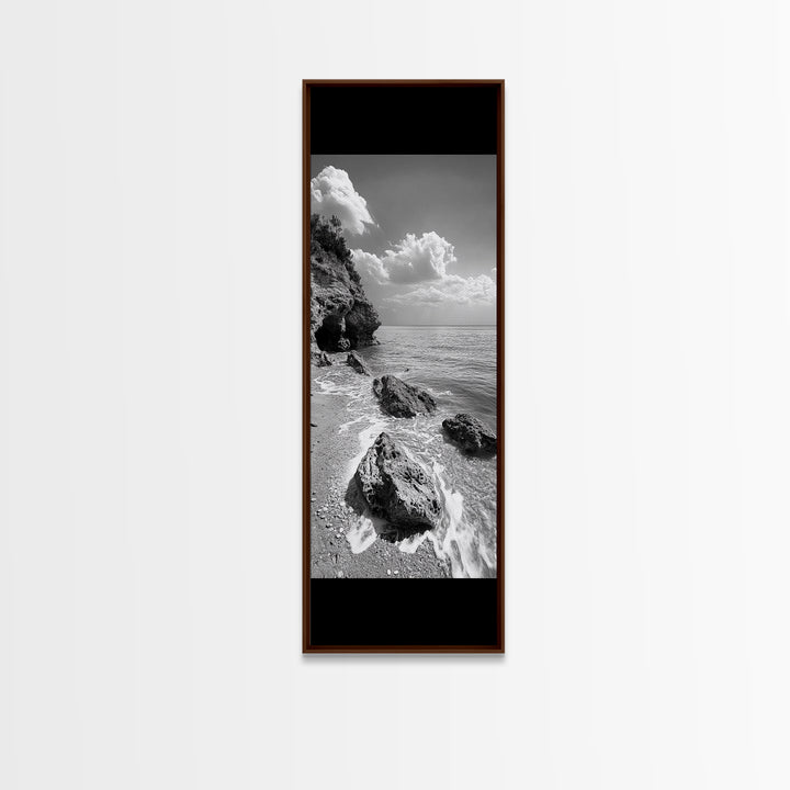 Rocky Beach, Calm Water, Summer Shore, Black White Coastal View, Framed Canvas Print Beach Wall Art, Nature Decor, Coastal Bathroom Style