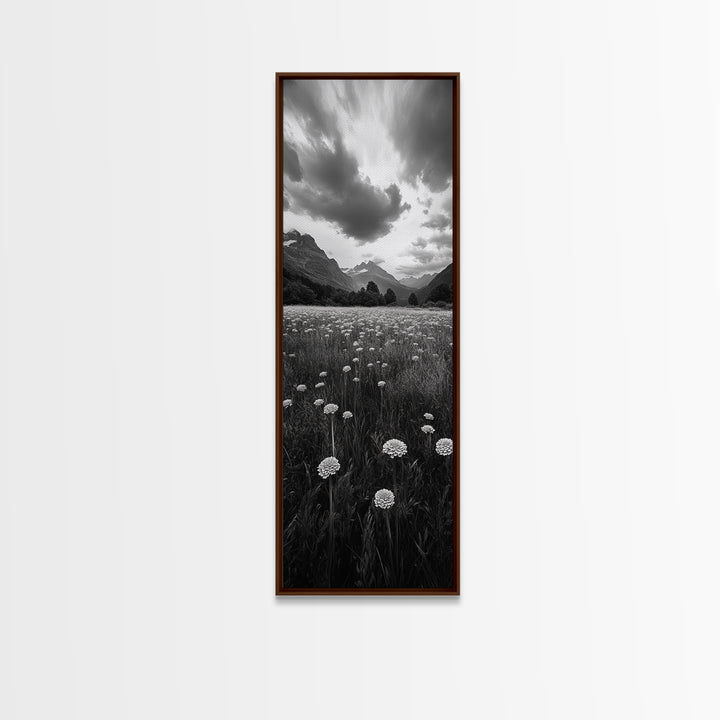 Wildflower Field, Alpine Meadow, Mountain Backdrop, Nature Print, Serene View, Framed Canvas Print, Living Room Wall Art, Rustic Farmhouse Decor