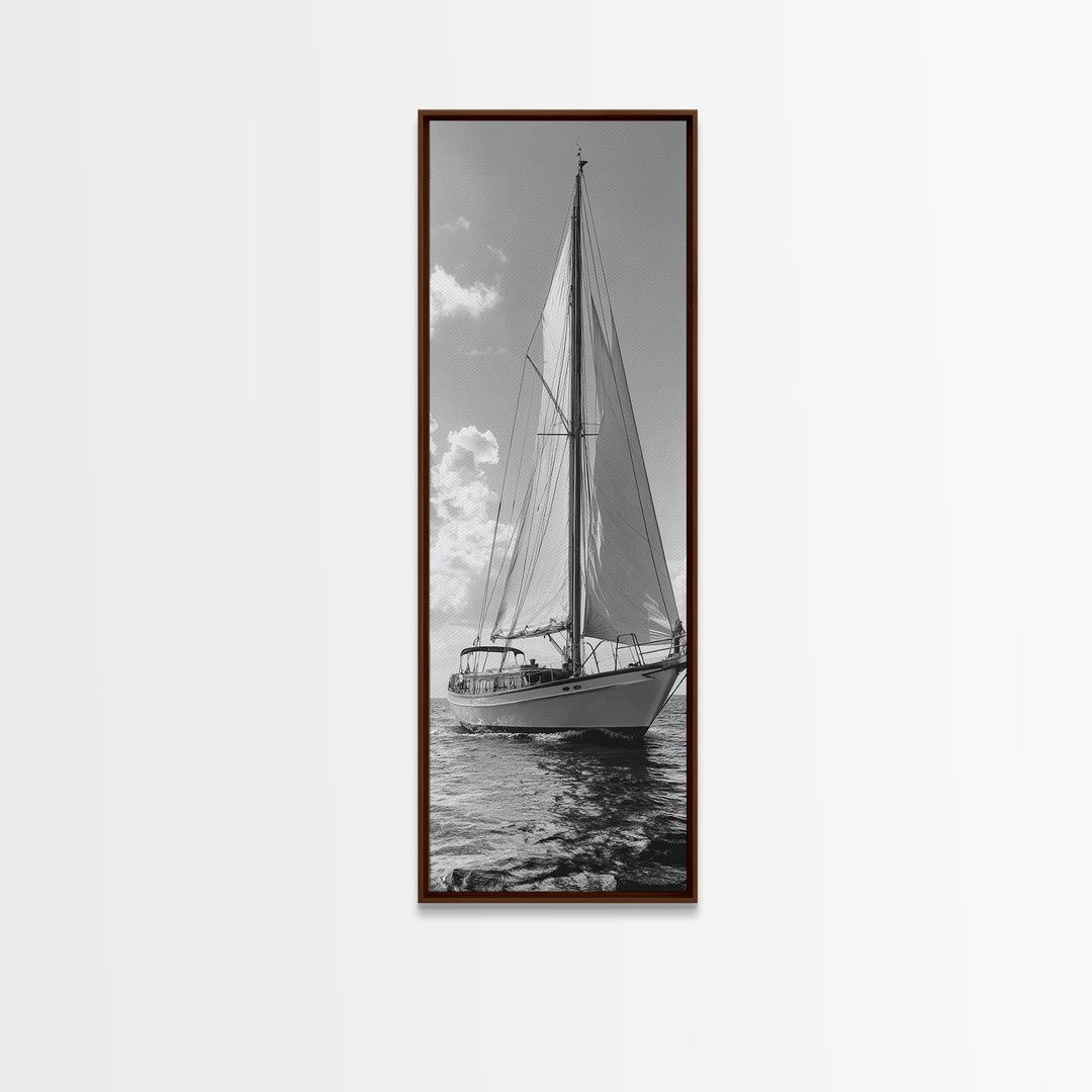 Sailboat Ocean Art, Nautical Wall Decor, Minimalist Seascape, Coastal Living Room Style, Framed Canvas Print, Black White Sailboat