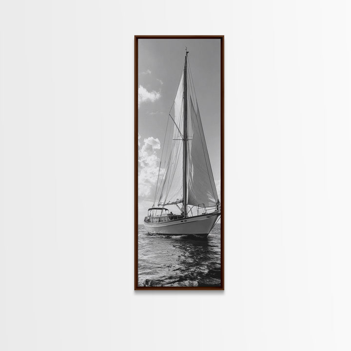Sailboat Ocean Art, Nautical Wall Decor, Minimalist Seascape, Coastal Living Room Style, Framed Canvas Print, Black White Sailboat