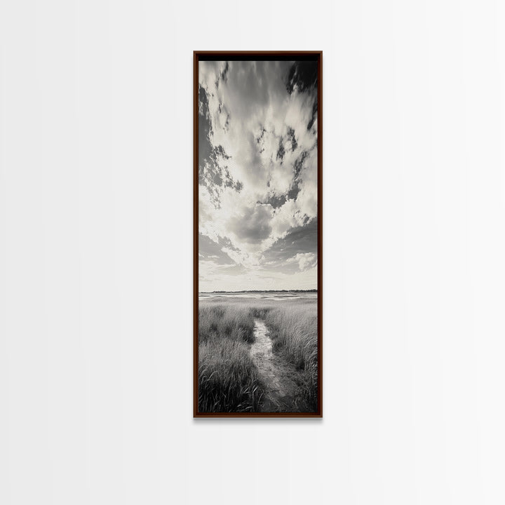 Marshland Pathway, Coastal Grassland Art, Nature Wall Decor, Calm Landscape Style, Framed Canvas Print, Neutral Tones Minimalist