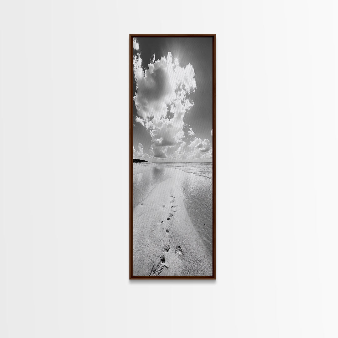 Footprints Beach Path, Ocean Shore Wall Art, Minimalist Seascape Style, Relaxing Bathroom Decor, Framed Canvas Print, Coastal Vibes