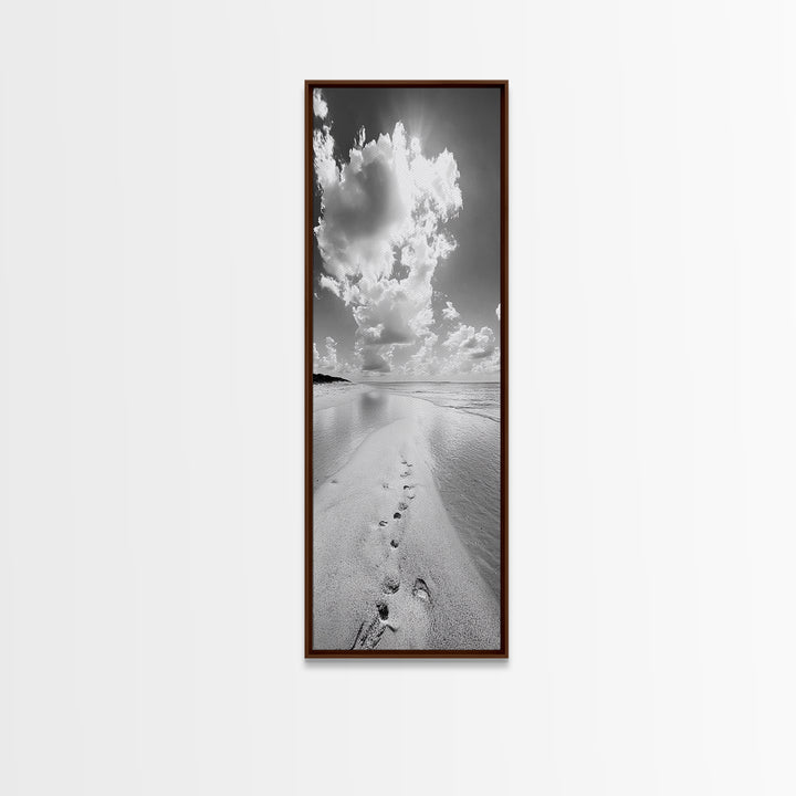Footprints Beach Path, Ocean Shore Wall Art, Minimalist Seascape Style, Relaxing Bathroom Decor, Framed Canvas Print, Coastal Vibes