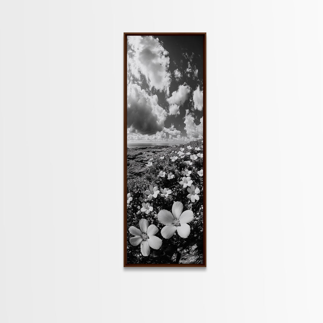 Ocean Flowers Art, Coastal Wildflower Print, Nature Boho Aesthetic, Beach House Wall Style, Framed Canvas Print, Moody Seaside Decor