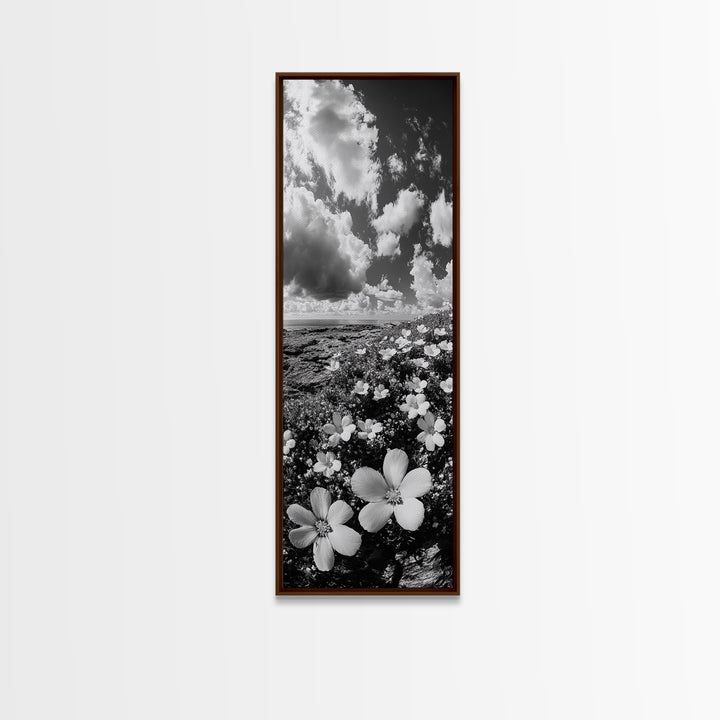 Ocean Flowers Art, Coastal Wildflower Print, Nature Boho Aesthetic, Beach House Wall Style, Framed Canvas Print, Moody Seaside Decor
