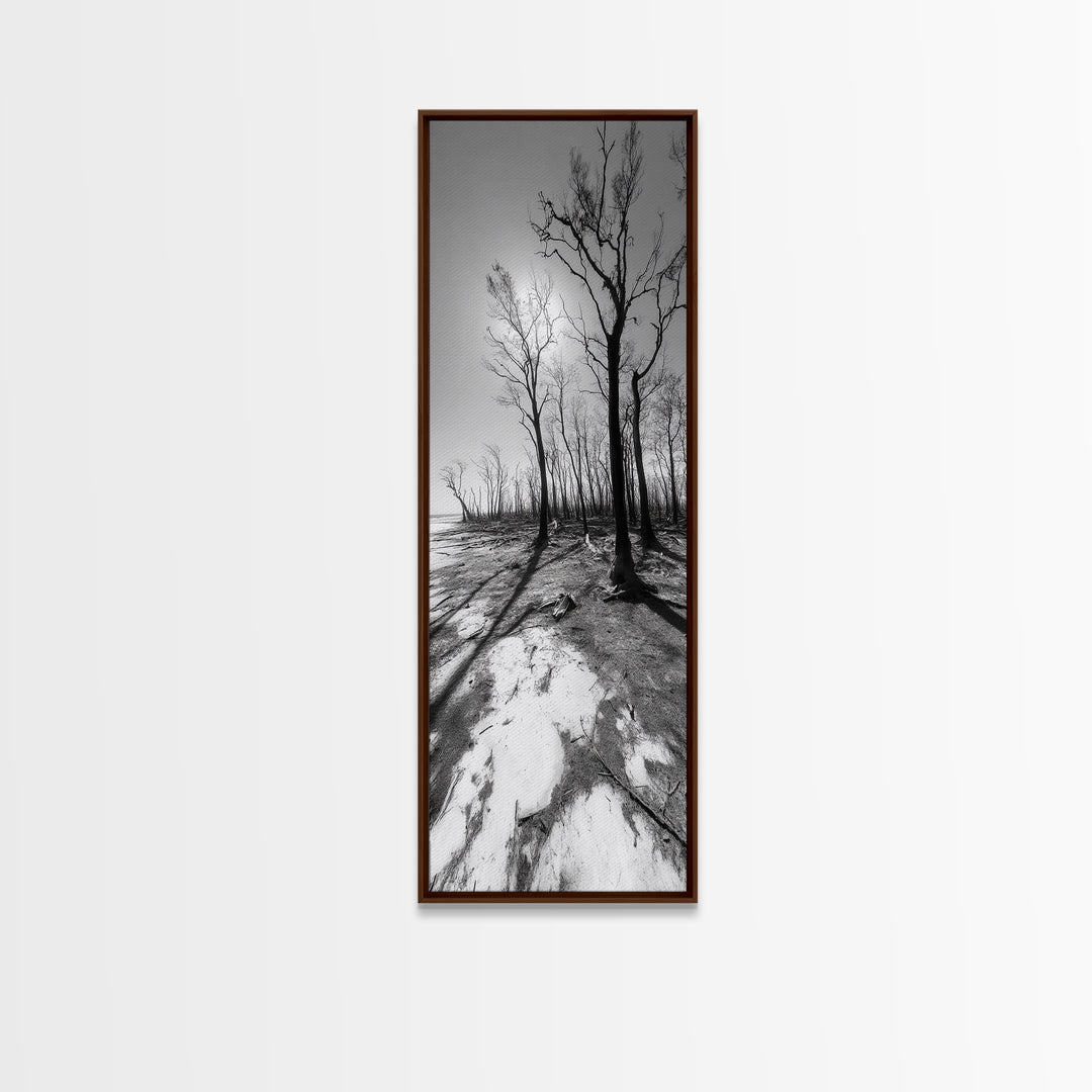 Haunting Tree Silhouettes, Forest Edge, Black White Nature, Desert Trees, Framed Canvas Print, Fall Art, Living Room Wall Art