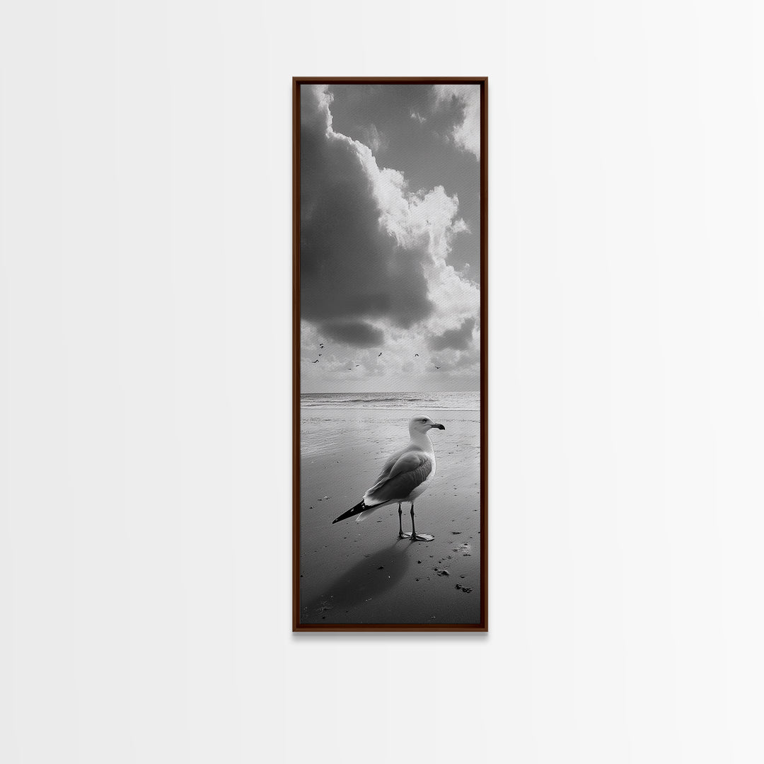 Seagull, Ocean Breeze, Beach Minimalism, Tranquil Shoreline, Seagull Photo Art, Coastal Framed Canvas Print, Bathroom Wall Decor