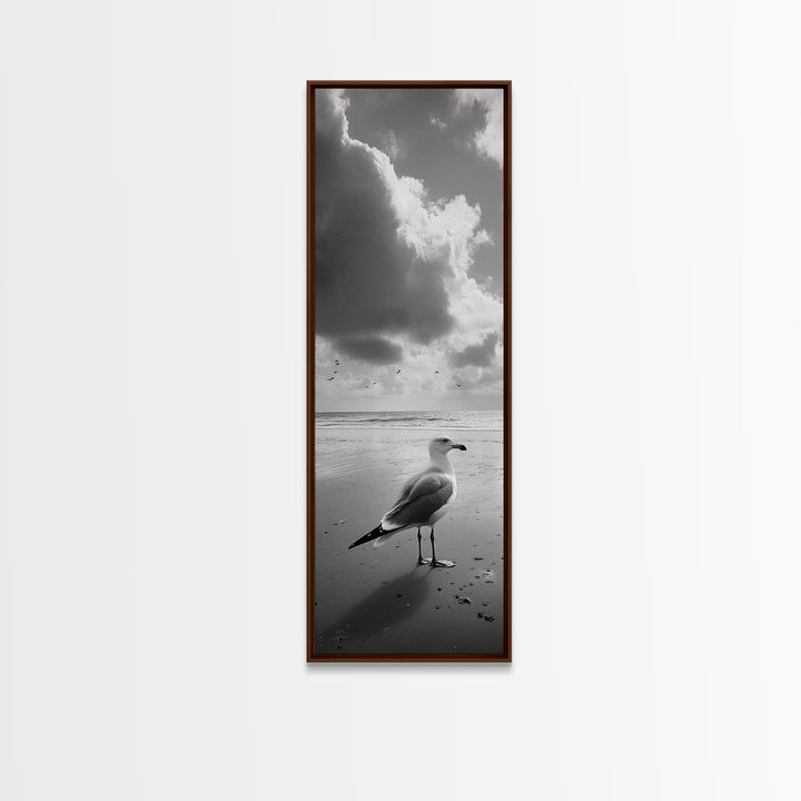 Seagull, Ocean Breeze, Beach Minimalism, Tranquil Shoreline, Seagull Photo Art, Coastal Framed Canvas Print, Bathroom Wall Decor