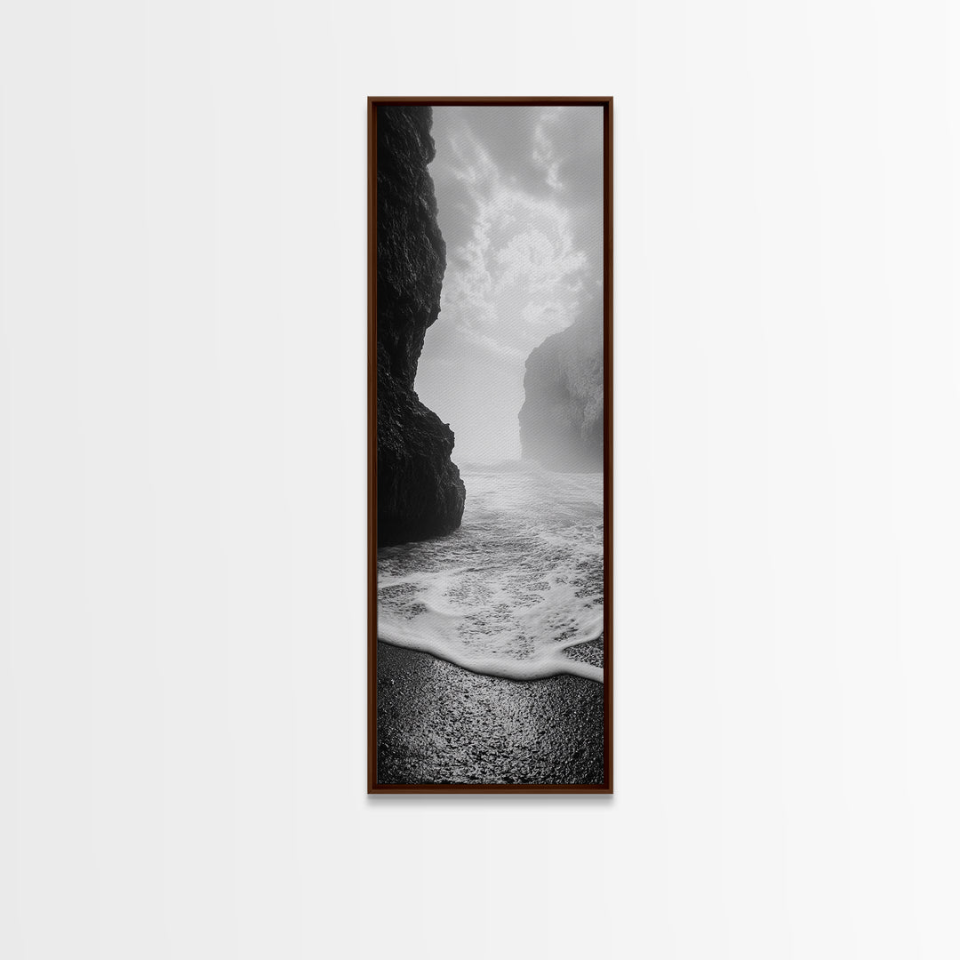Coastal Rocks, Ocean Mist, Dreamy Seascape, Monochrome Coastline, Nature Photography Canvas Print, Moody Living Room Wall Art