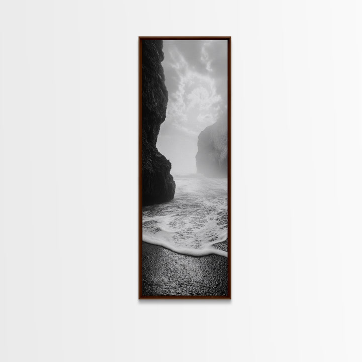 Coastal Rocks, Ocean Mist, Dreamy Seascape, Monochrome Coastline, Nature Photography Canvas Print, Moody Living Room Wall Art
