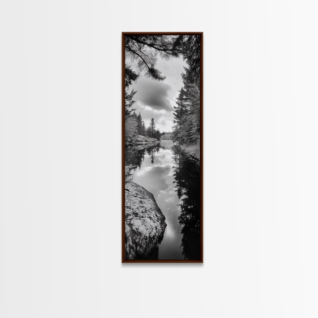 Forest Reflection, Lake Stillness, Tranquil Pines, Nature Calm, Black and White Canvas Print, Bedroom Wall Art, Cabin Vibes