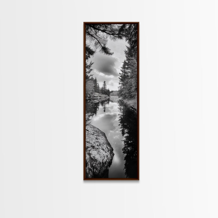 Forest Reflection, Lake Stillness, Tranquil Pines, Nature Calm, Black and White Canvas Print, Bedroom Wall Art, Cabin Vibes