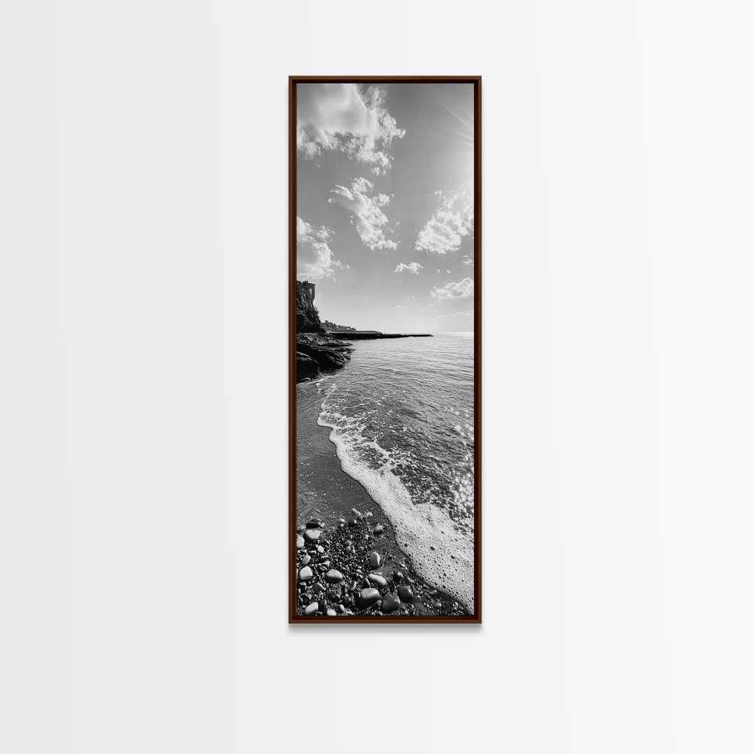 Coastal Shoreline, Pebble Beach, Ocean Breeze, Canvas Print, Bathroom Wall Art, Minimalist Decor, Black White Photography, Seaside Vibe