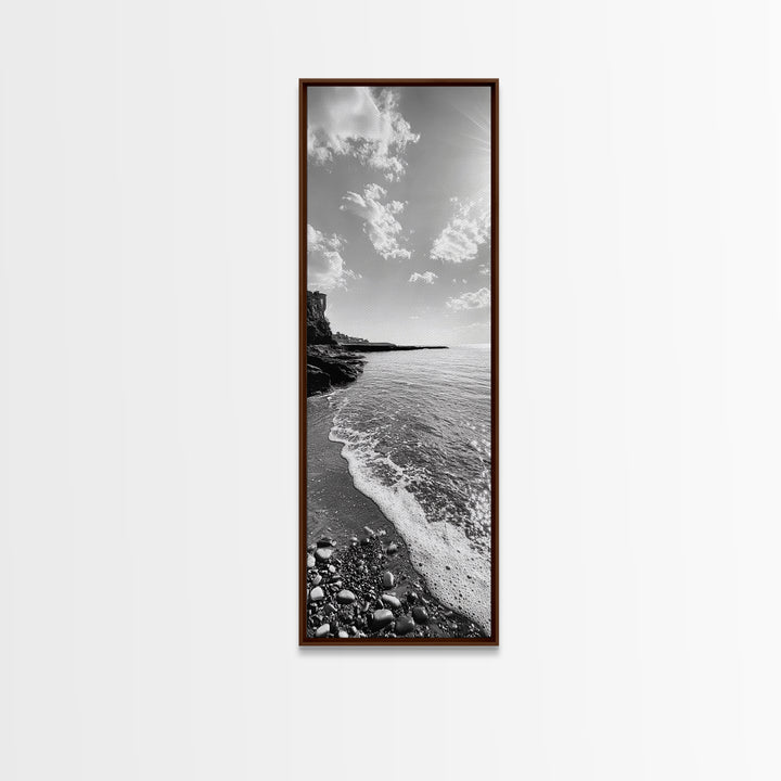 Coastal Shoreline, Pebble Beach, Ocean Breeze, Canvas Print, Bathroom Wall Art, Minimalist Decor, Black White Photography, Seaside Vibe