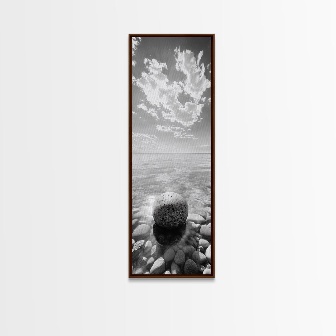 Zen Stone, Calm Waters, Smooth Pebbles, Framed Canvas Print, Spa Wall Art, Minimalist Bathroom Decor, Tranquil Home Accent