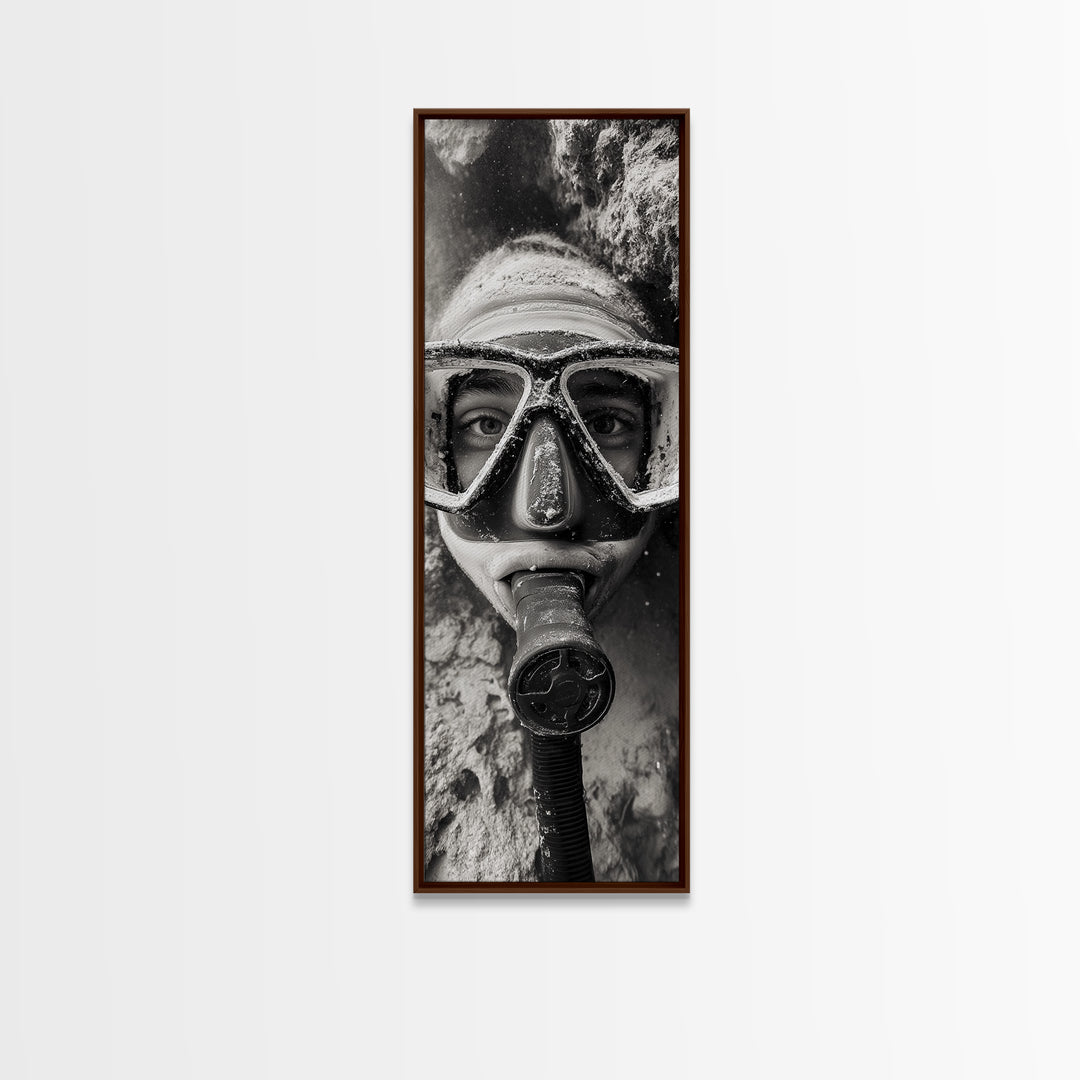 Diver Portrait, Underwater View, Close-Up Eyes, Canvas Print, Adventure Wall Art, Scuba Diving Decor, Unique Bathroom Art, Monochrome Style