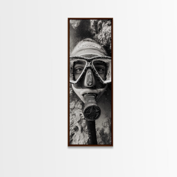 Diver Portrait, Underwater View, Close-Up Eyes, Canvas Print, Adventure Wall Art, Scuba Diving Decor, Unique Bathroom Art, Monochrome Style
