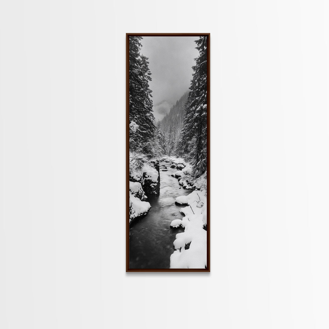 Winter Forest, Snowy River, Pine Trees, Canvas Print, Cozy Cabin Wall Art, Nature Lover Gift, Scandinavian Style, Holiday Decor, Bedroom Decor