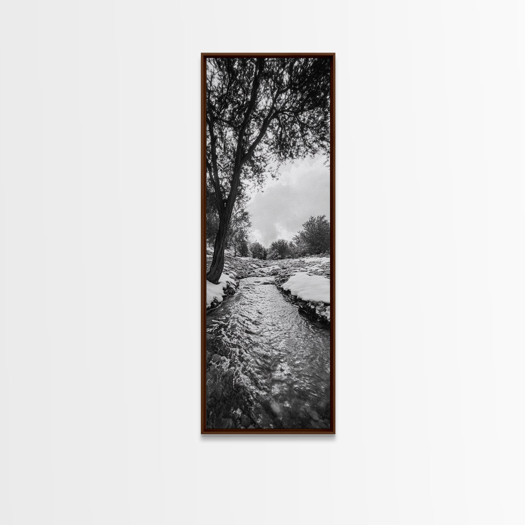 Peaceful Creek, Snow Trees, Winter Flow, Framed Canvas Print, Rustic Nature Art, Farmhouse Wall Decor, Serene Entryway Accent, Bedroom Decor