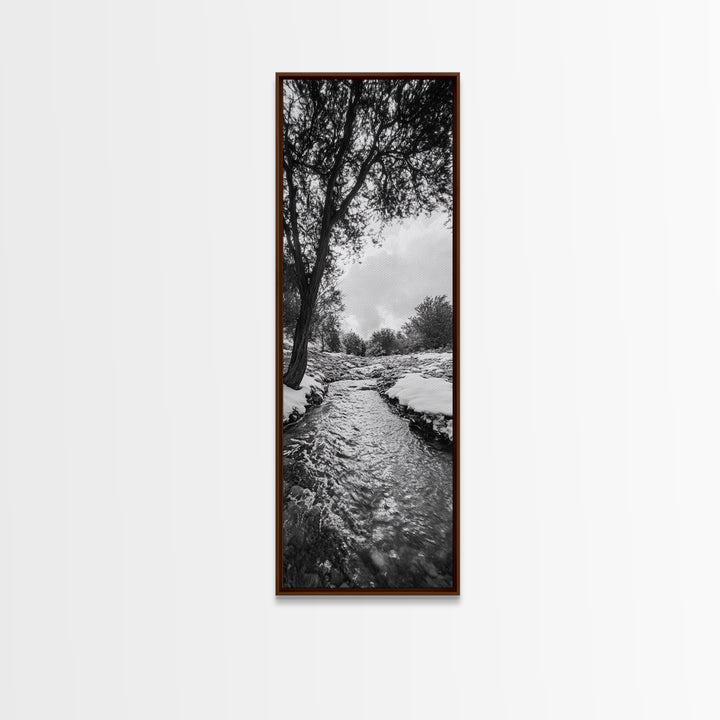 Peaceful Creek, Snow Trees, Winter Flow, Framed Canvas Print, Rustic Nature Art, Farmhouse Wall Decor, Serene Entryway Accent, Bedroom Decor