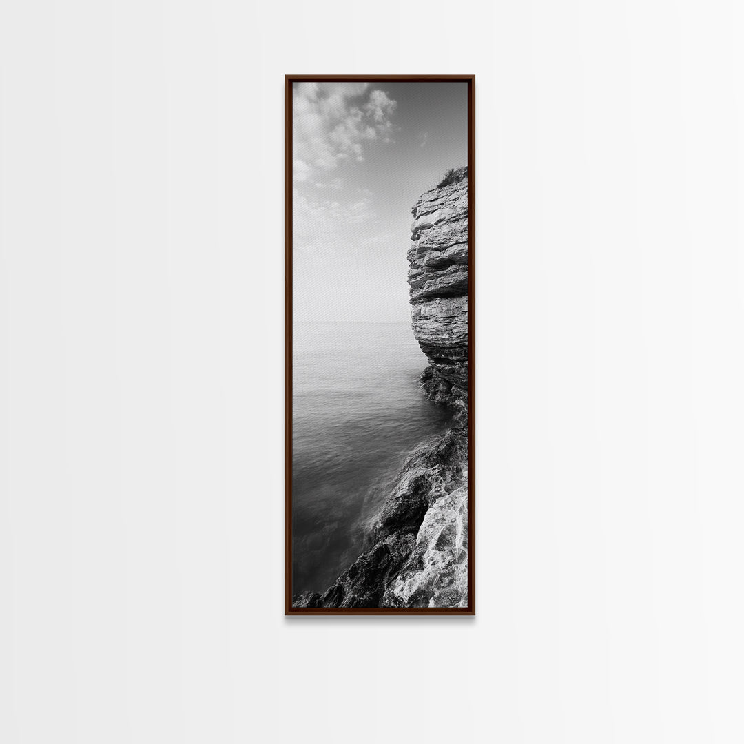 Cliffside Calm, Ocean View, Rock Texture, Seaside Stillness Framed Canvas Print, Modern Office Wall Art, Coastal Minimalist Decor