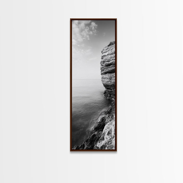 Cliffside Calm, Ocean View, Rock Texture, Seaside Stillness Framed Canvas Print, Modern Office Wall Art, Coastal Minimalist Decor