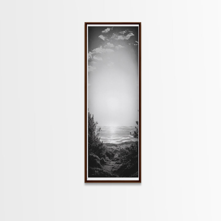 Horizon Glow, Ocean Sunset, Seaside Path, Tranquil Evening Framed Canvas Print, Nature Inspired Bedroom Wall Art, Zen Minimalist Decor