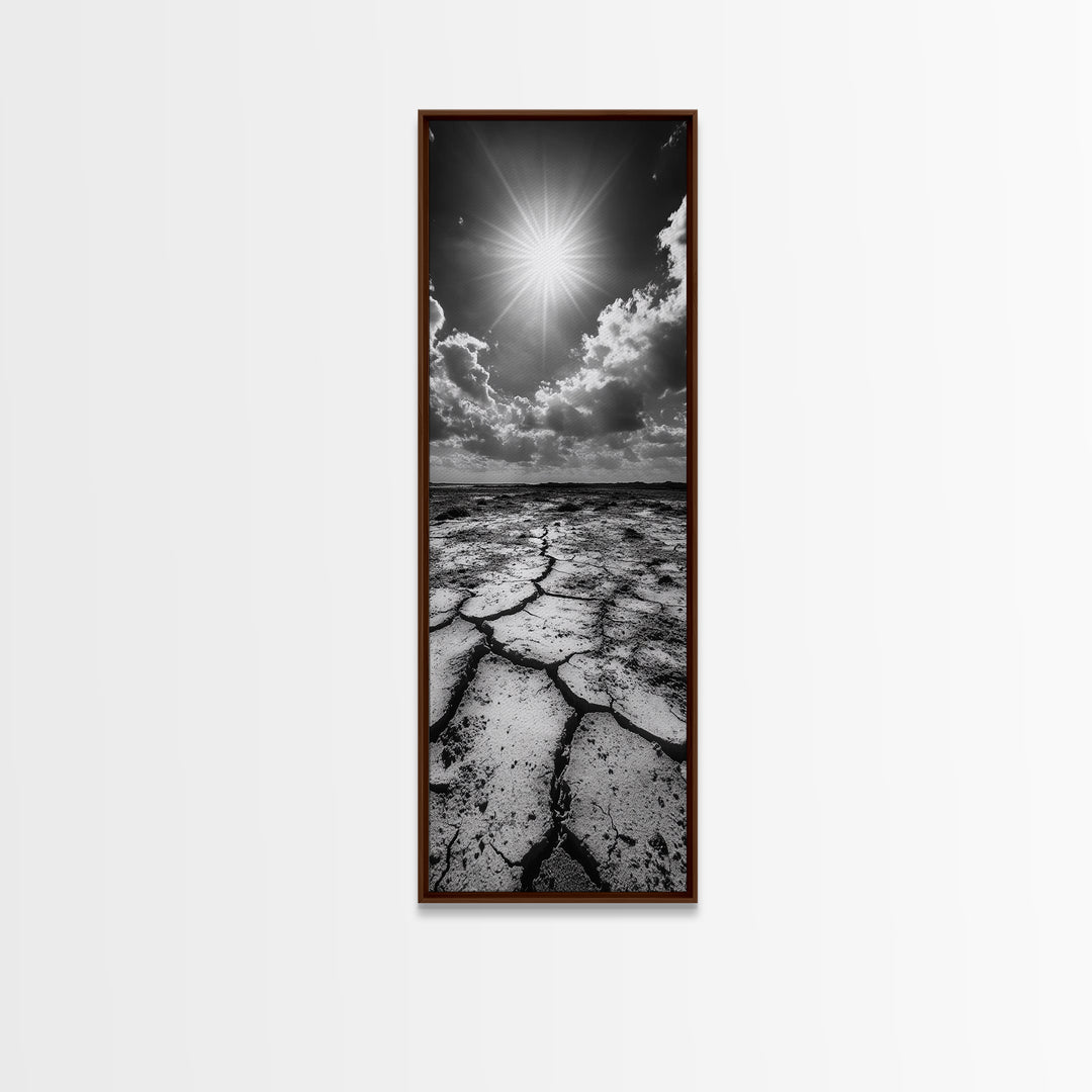 Cracked Earth, Sunburst Sky, Natural Texture, Desert Landscape, Framed Canvas Print, Rustic Decor, Earth Tone Art, Office Wall Art
