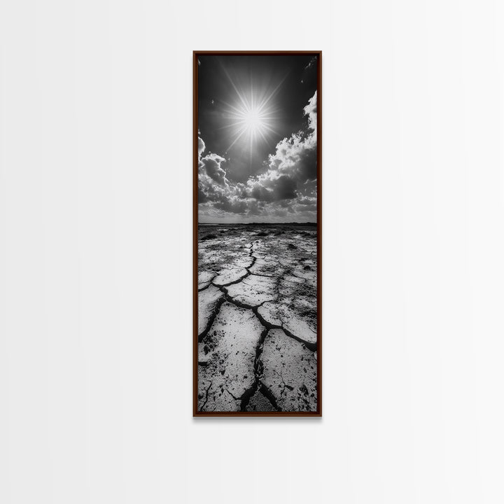 Cracked Earth, Sunburst Sky, Natural Texture, Desert Landscape, Framed Canvas Print, Rustic Decor, Earth Tone Art, Office Wall Art