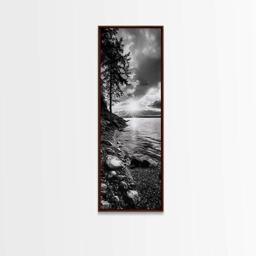 Tree Shoreline, Tranquil Water, Sunset Reflection, Peaceful Horizon, Framed Canvas Print, Nature Photography, Cabin Wall Art