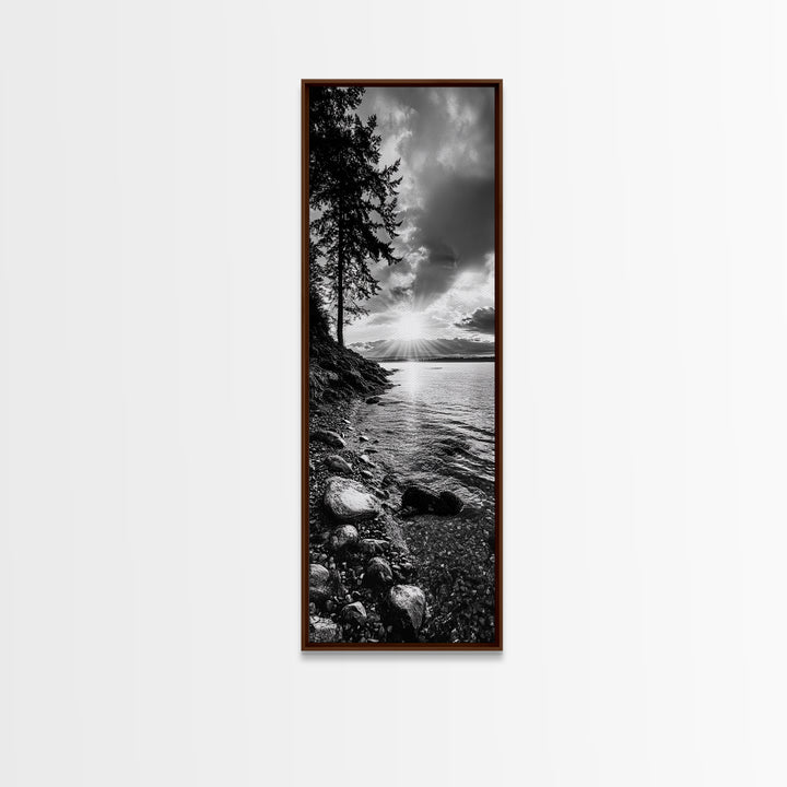 Tree Shoreline, Tranquil Water, Sunset Reflection, Peaceful Horizon, Framed Canvas Print, Nature Photography, Cabin Wall Art