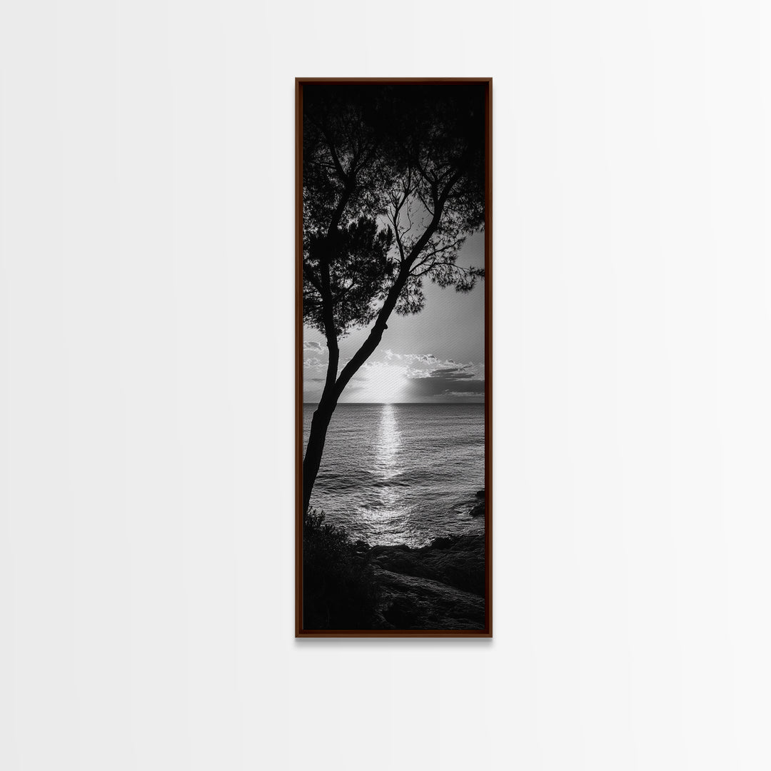 Coastal Tree, Ocean Sunset, Silhouetted Landscape, Peaceful Water, Framed Canvas Print, Nature Art, Bedroom Tranquil Decor