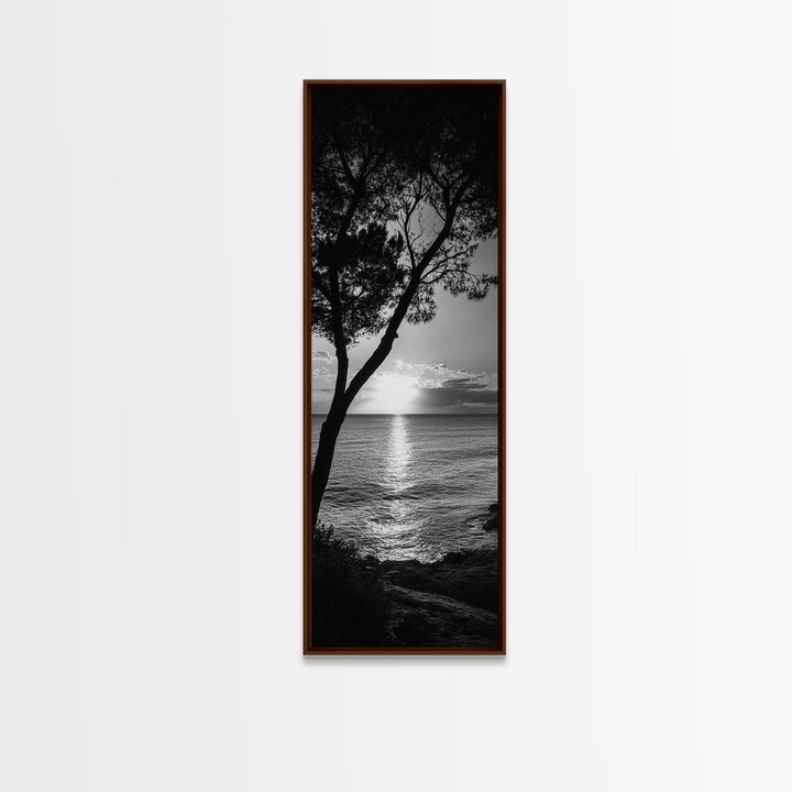 Coastal Tree, Ocean Sunset, Silhouetted Landscape, Peaceful Water, Framed Canvas Print, Nature Art, Bedroom Tranquil Decor