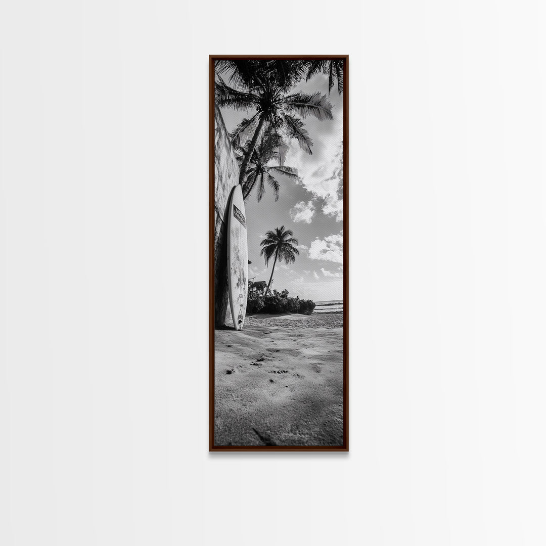 Tropical Beach, Surfboard Scene, Coastal Palms, Island Vibes, Canvas Print, Beach House Art, Summer Wall Decor, Boho Style