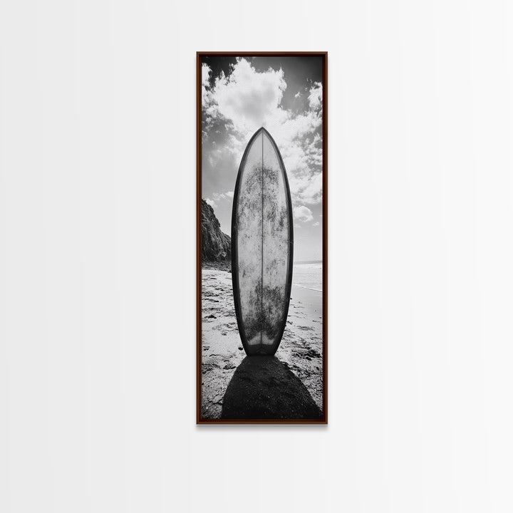 Surfboard Vertical, Sandy Beach, Coastal Rocks, Ocean Horizon, Framed Canvas Print, Surf Art, Dorm Room Decor, Tropical Vibe