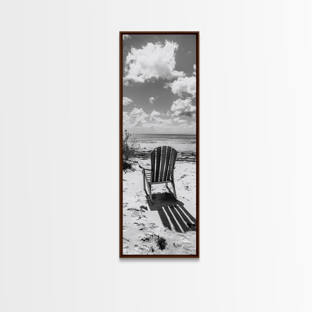 Seaside Chair View, Coastal Calm, Ocean Horizon, Beach Serenity, Framed Canvas Print, Living Room Wall Art, Relaxing Summer Vibe
