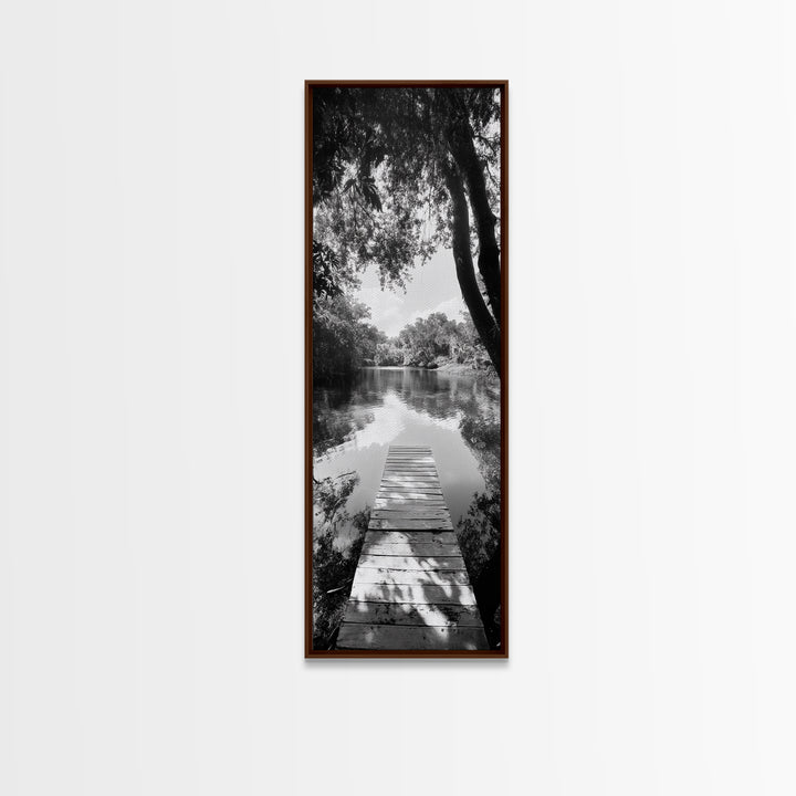 Tranquil Dock, Lake Stillness, Nature Reflection, Forest Retreat, Framed Canvas Print, Cabin Wall Art, Rustic Style, Bedroom Decor