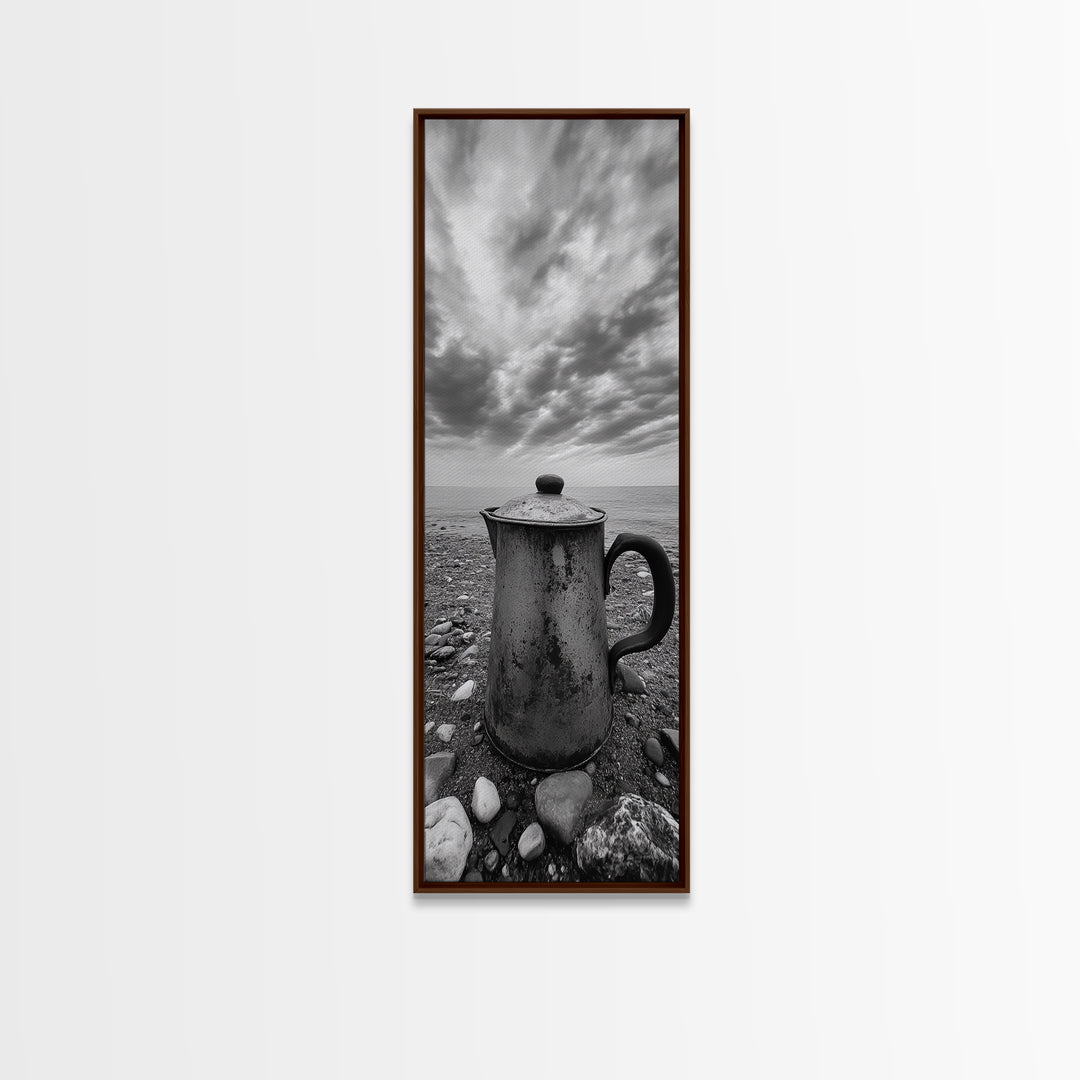 Seaside Coffee Pot, Rustic Beach, Moody Vibes, Framed Canvas Print, Farmhouse Decor, Kitchen Wall Art, Coastal Neutral Artwork