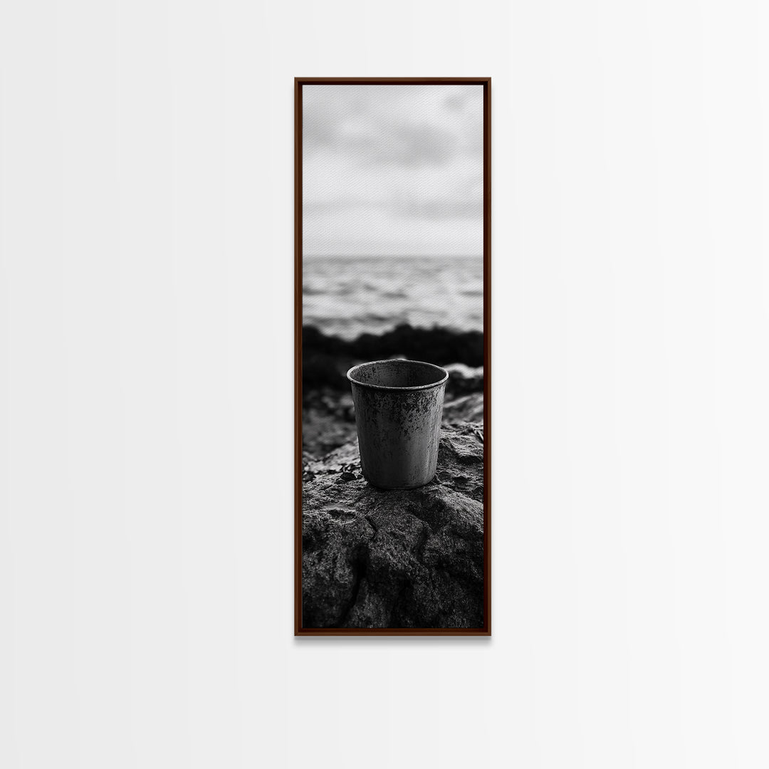 Metal Cup, Shoreline Still Life, Rustic Seaside, Canvas Print, Vintage Aesthetic, Coastal Kitchen Wall Art, Minimal Beach Mood
