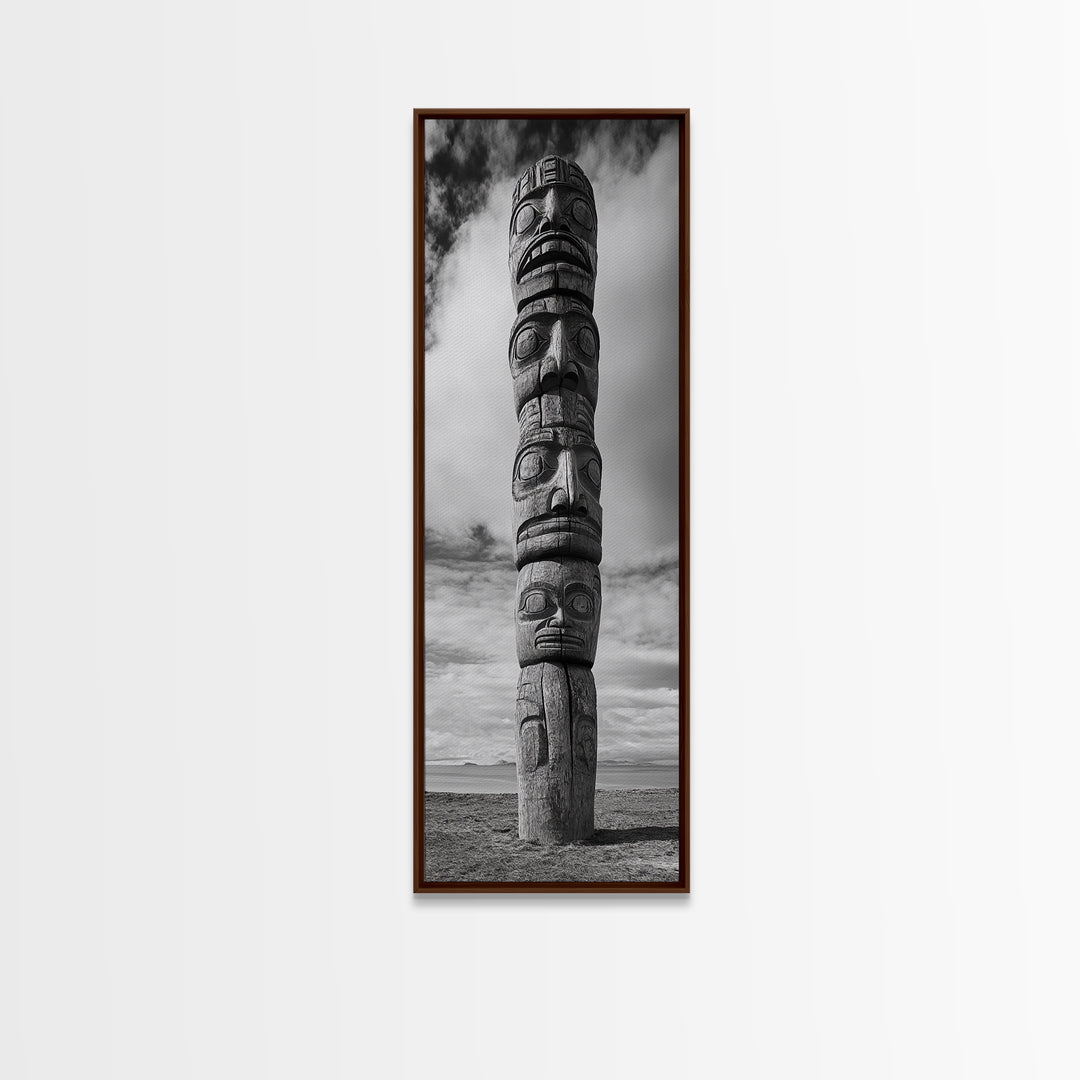 Totem Pole, Tribal Faces, Historic Symbolism, Canvas Print, Cultural Wall Decor, Office Wall Art, Rustic Museum Style Photography