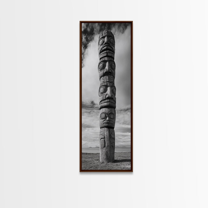 Totem Pole, Tribal Faces, Historic Symbolism, Canvas Print, Cultural Wall Decor, Office Wall Art, Rustic Museum Style Photography