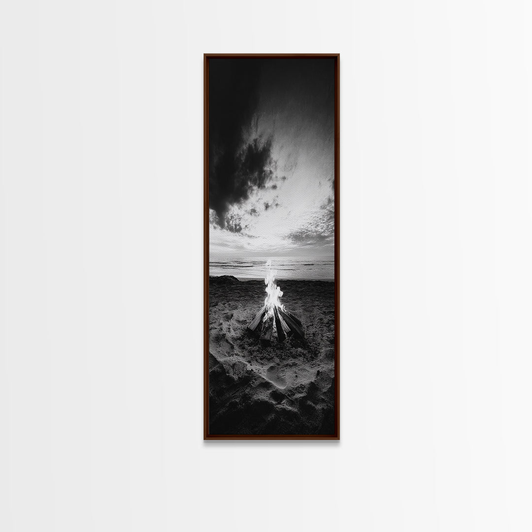 Peaceful Beach Fire, Twilight Shore, Ocean Ember, Tranquil Seascape, Framed Canvas Print, Autumn Wall Art, Rustic Nature Room Decor