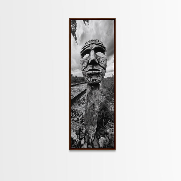 Tribal Mask, Railway Art, Abstract Face, Canvas Print, Surreal Wall Art, Eclectic Living Room Decor, Boho Urban Art, Monochrome Photography