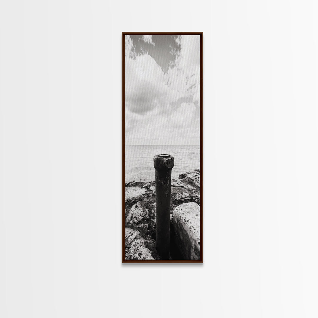 Coastal Pipe, Ocean View, Rusted Metal, Framed Canvas Print, Industrial Nautical Art, Bathroom Wall Decor, Minimal Seaside Landscape