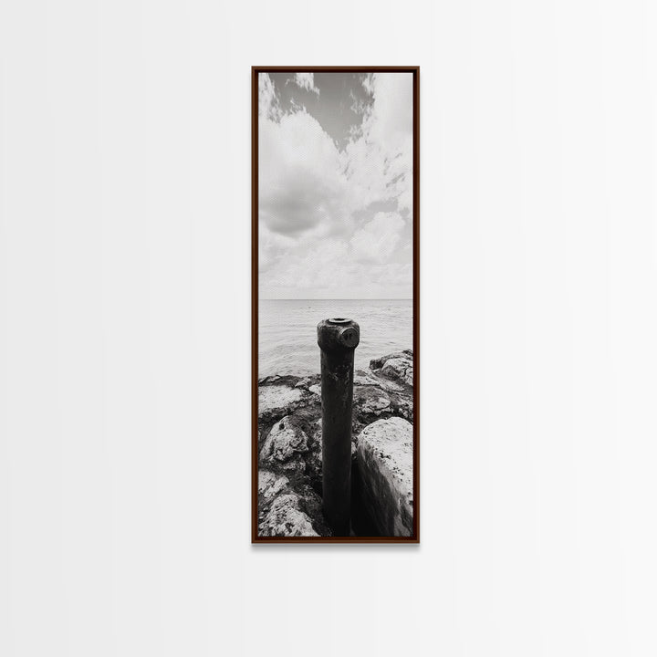 Coastal Pipe, Ocean View, Rusted Metal, Framed Canvas Print, Industrial Nautical Art, Bathroom Wall Decor, Minimal Seaside Landscape