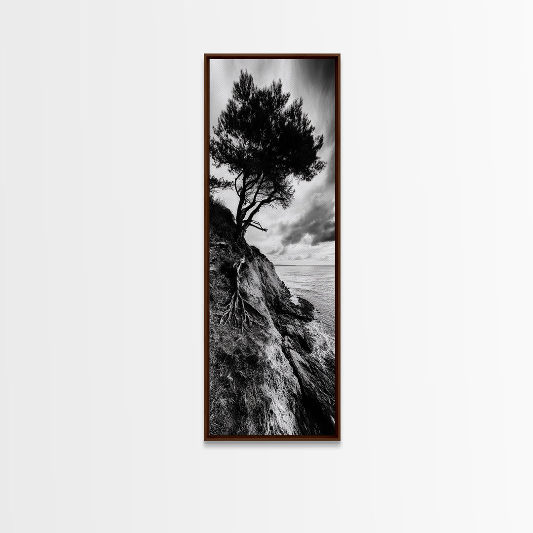 Cliff Tree, Coastal Roots, Dramatic Landscape, Framed Canvas Print, Bold Nature Wall Art, Modern Black And White Decor, Fall Office Accent