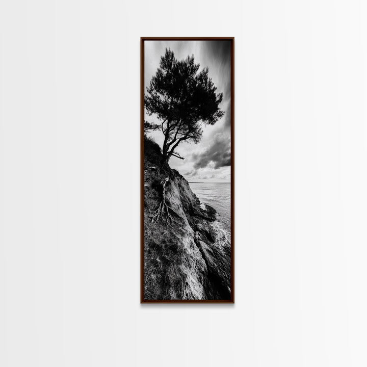 Cliff Tree, Coastal Roots, Dramatic Landscape, Framed Canvas Print, Bold Nature Wall Art, Modern Black And White Decor, Fall Office Accent